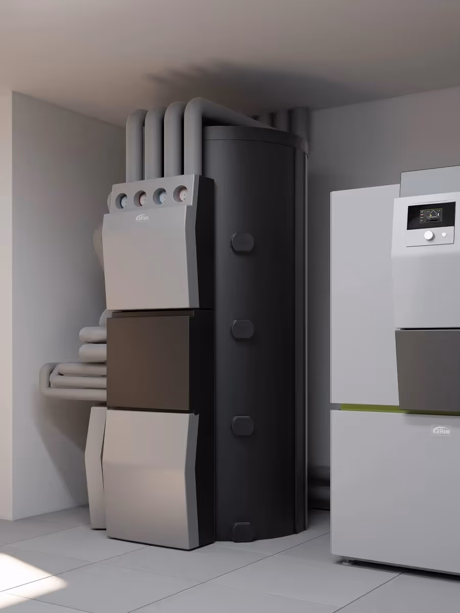 Technikraum mit Heizungs-, Lüftungs- und Warmwasseranlage in einem Wohnhaus.