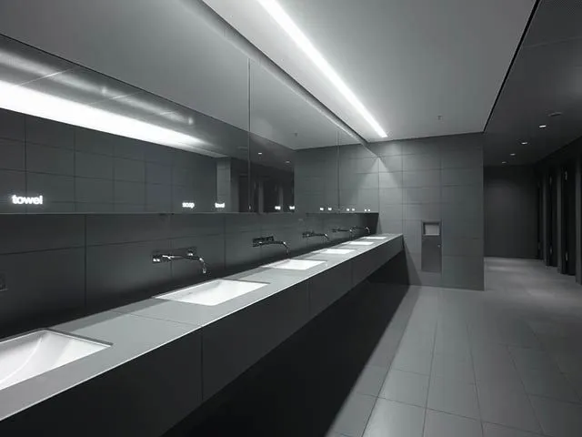 Lange Waschtischanlage mit mehreren Unterbau-Waschbecken und Wandarmaturen in einem dunklen Objekt-Sanitärbereich.
